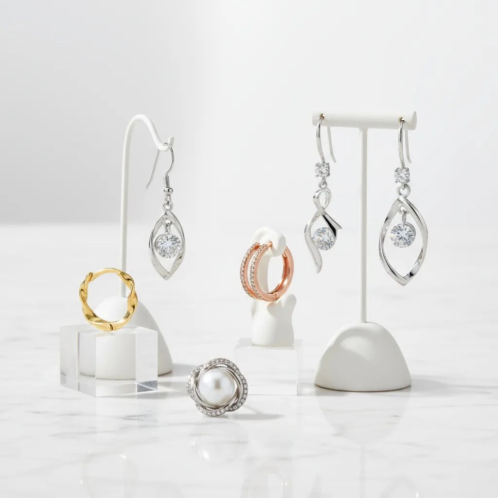 白い台に飾られた aliba jewelry のピアス